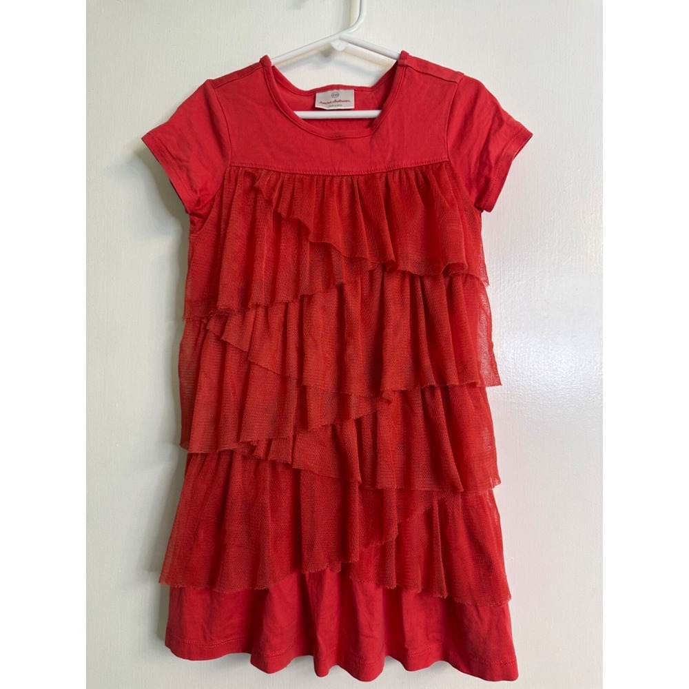 Hanna Andersson Size 110 5-6 Coral Pink Red Layered Tulle Waterfall Front‎ Dress